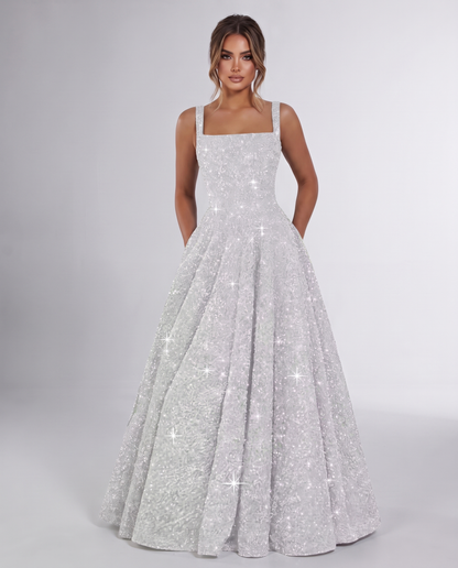 Silver Sequin Sleeveless Square Neck A-Line Maxi Dress | Ramblion