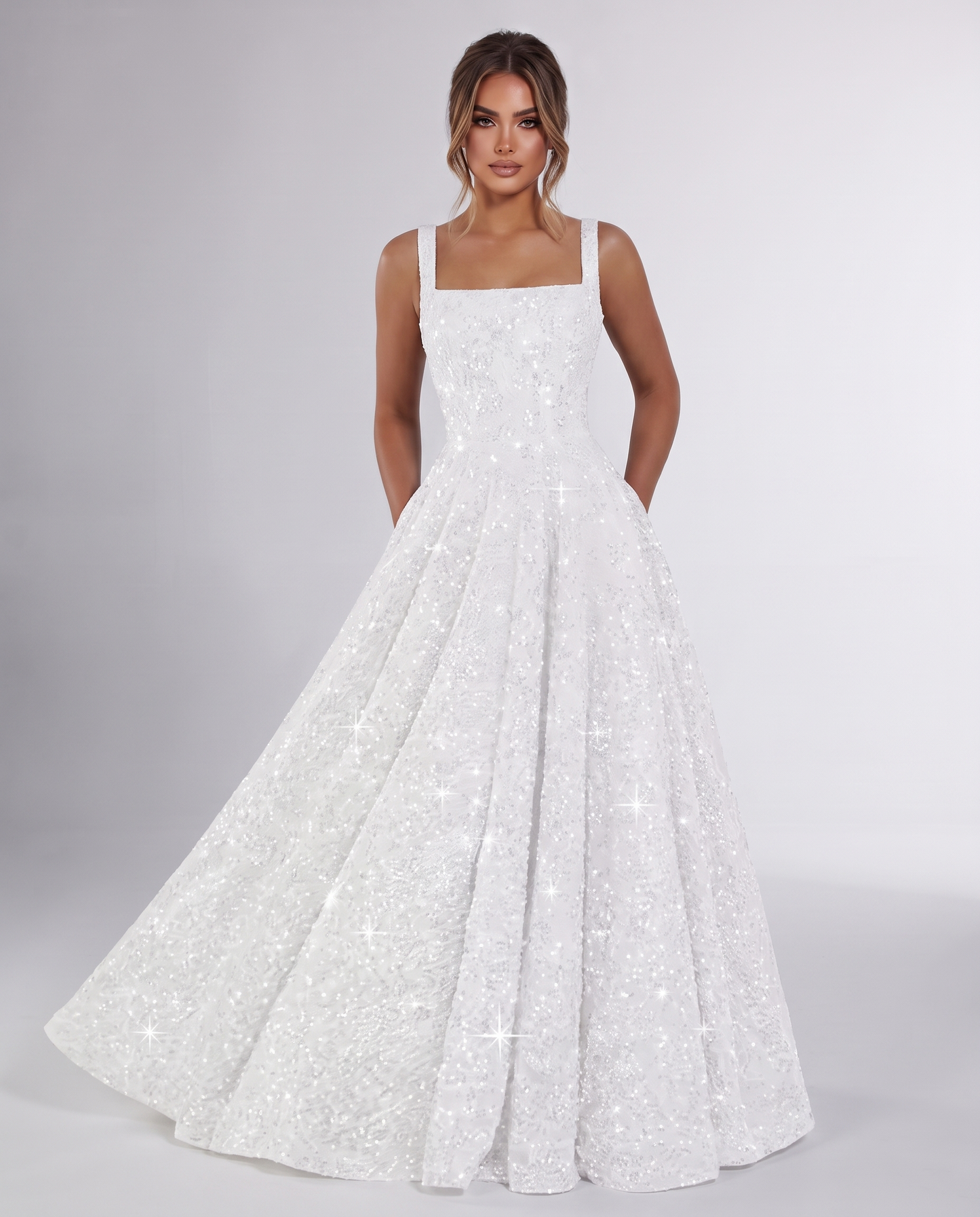 White Sequin Sleeveless Square Neck A-Line Maxi Dress | Ramblion