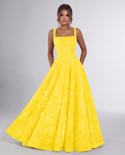 Yellow Sequin Sleeveless Square Neck A-Line Maxi Dress | Ramblion