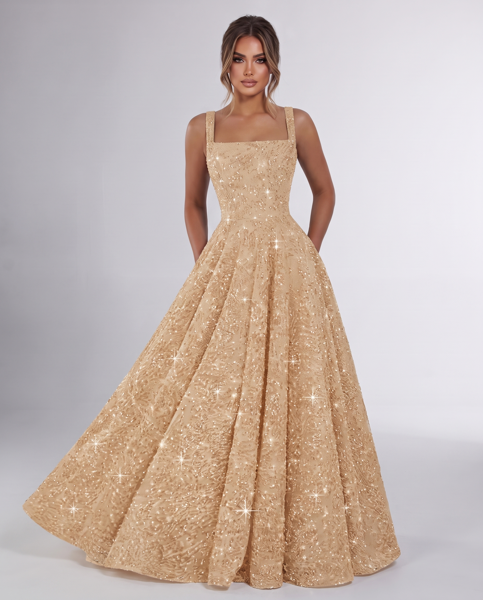 Сhampagne Sequin Sleeveless Square Neck A-Line Maxi Dress | Ramblion