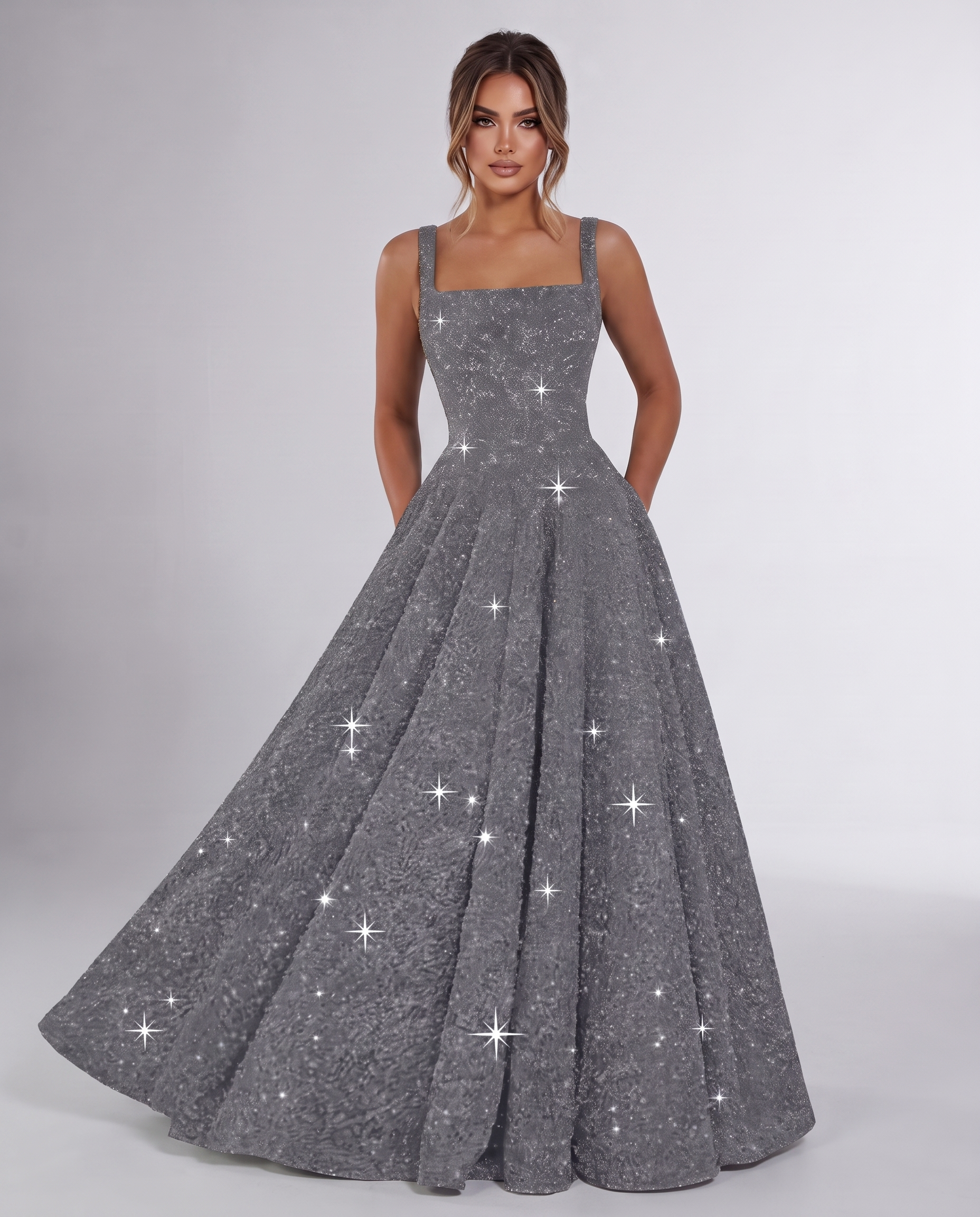 Grey Sequin Sleeveless Square Neck A-Line Maxi Dress | Ramblion