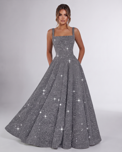Grey Sequin Sleeveless Square Neck A-Line Maxi Dress | Ramblion