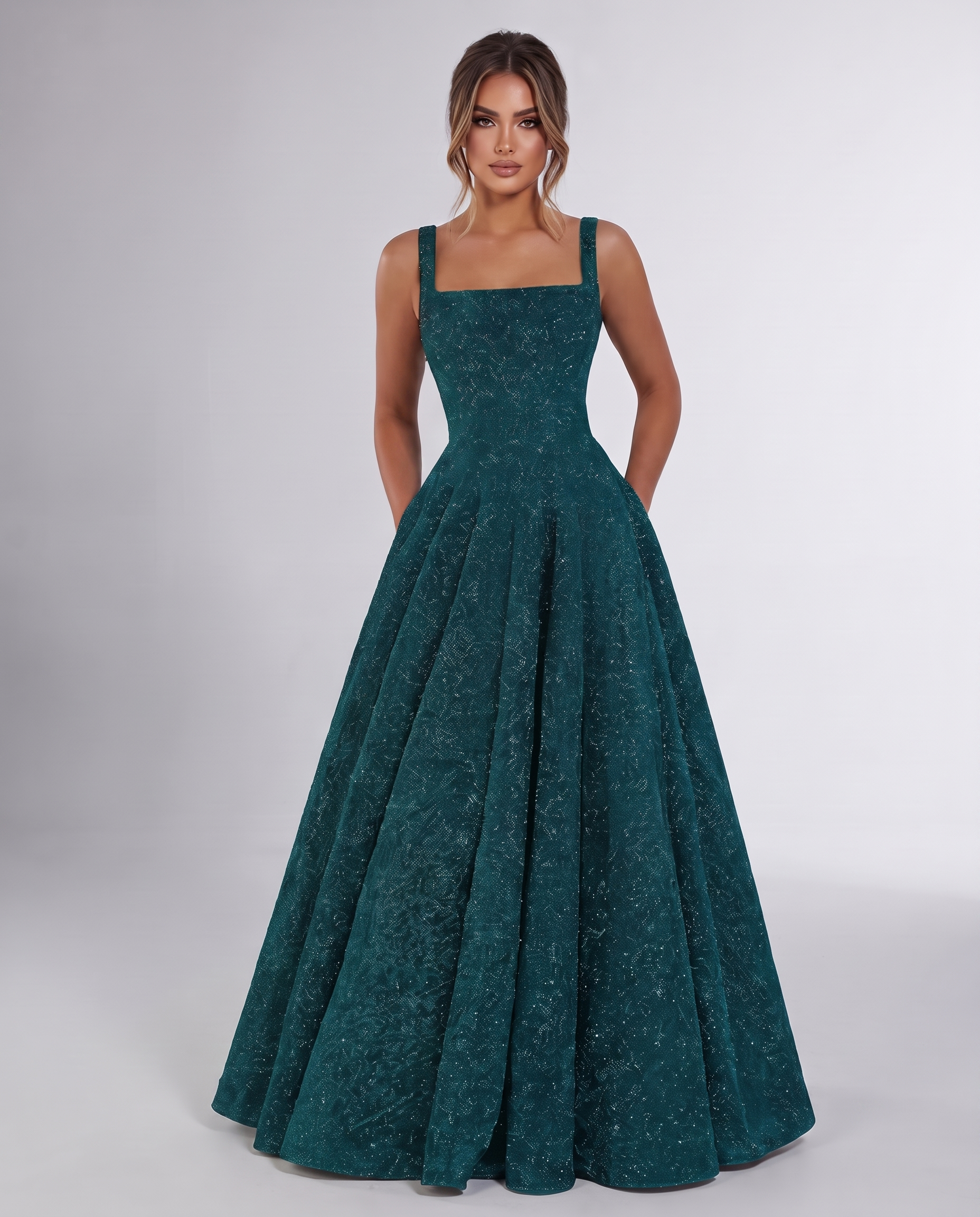 Aqua Sequin Sleeveless Square Neck A-Line Maxi Dress | Ramblion