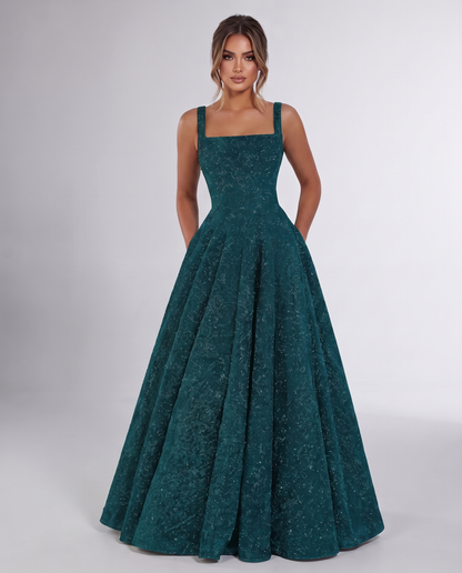 Aqua Sequin Sleeveless Square Neck A-Line Maxi Dress | Ramblion