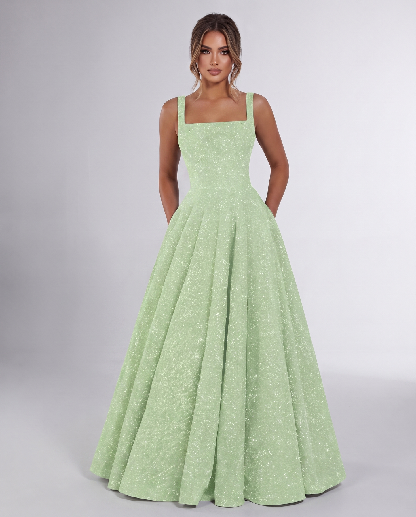 Mint Sequin Sleeveless Square Neck A-Line Maxi Dress | Ramblion