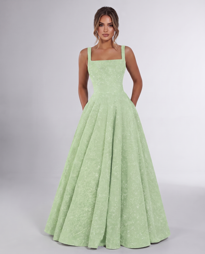 Mint Sequin Sleeveless Square Neck A-Line Maxi Dress | Ramblion