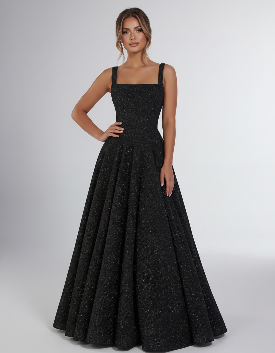 Black Sequin Sleeveless Square Neck A-Line Maxi Dress | Ramblion | SKU: CMD-847362915408731-BLACK-L,CMD-847362915408731-BLACK-M,CMD-847362915408731-BLACK-S,CMD-847362915408731-BLACK-XL,CMD-847362915408731-BLACK-XS