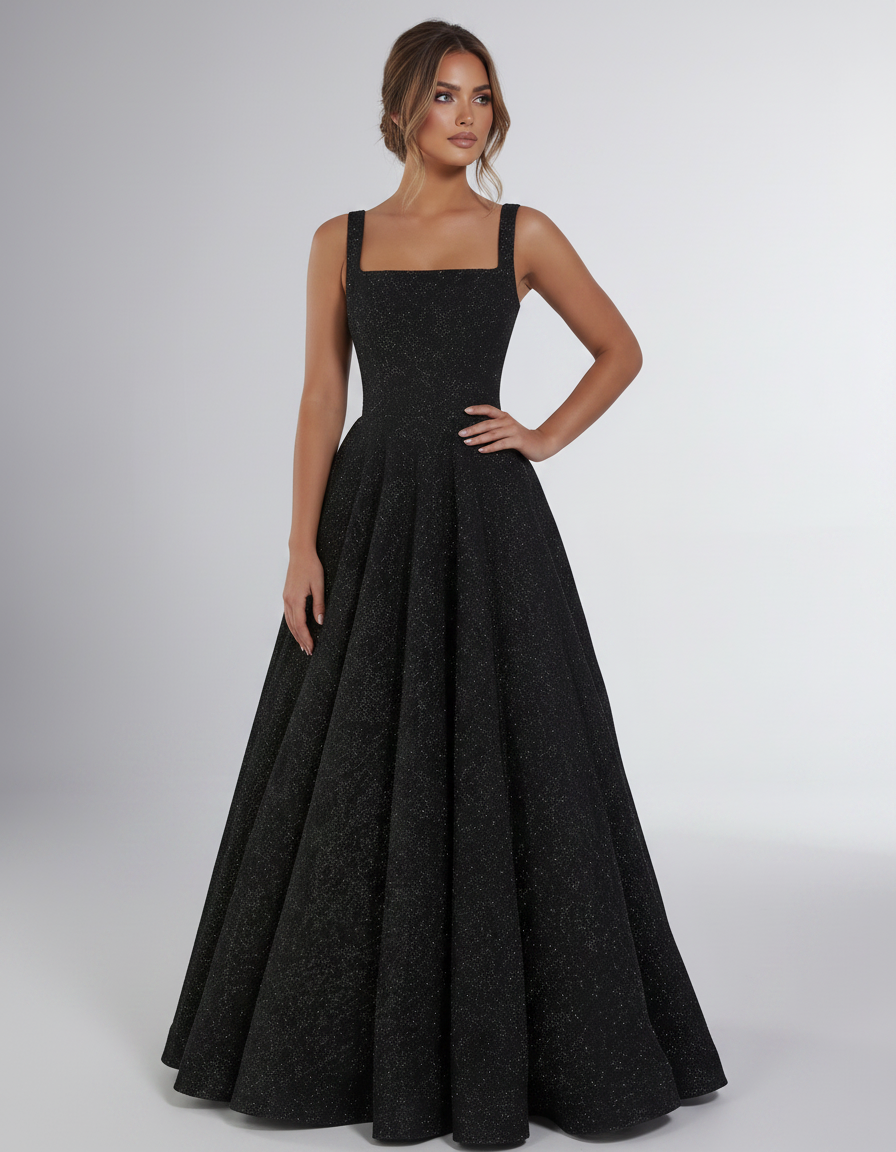 Black Sequin Sleeveless Square Neck A-Line Maxi Dress | Ramblion | SKU: CMD-847362915408731-BLACK-L,CMD-847362915408731-BLACK-M,CMD-847362915408731-BLACK-S,CMD-847362915408731-BLACK-XL,CMD-847362915408731-BLACK-XS