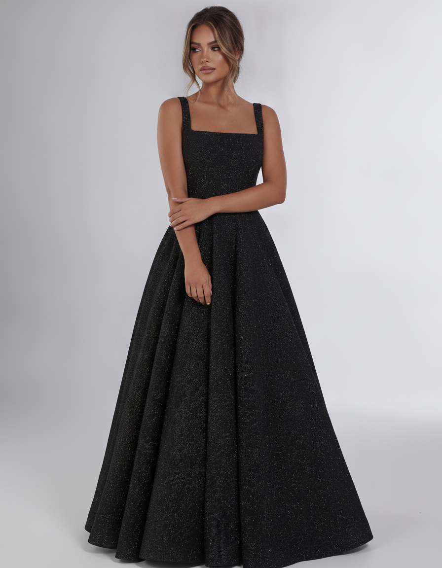 Black Sequin Sleeveless Square Neck A-Line Maxi Dress | Ramblion | SKU: CMD-847362915408731-BLACK-L,CMD-847362915408731-BLACK-M,CMD-847362915408731-BLACK-S,CMD-847362915408731-BLACK-XL,CMD-847362915408731-BLACK-XS