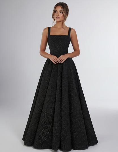 Black Sequin Sleeveless Square Neck A-Line Maxi Dress | Ramblion | SKU: CMD-847362915408731-BLACK-L,CMD-847362915408731-BLACK-M,CMD-847362915408731-BLACK-S,CMD-847362915408731-BLACK-XL,CMD-847362915408731-BLACK-XS