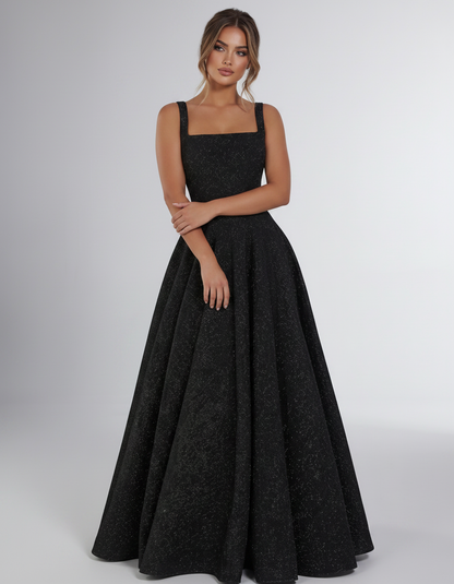 Black Sequin Sleeveless Square Neck A-Line Maxi Dress | Ramblion | SKU: CMD-847362915408731-BLACK-L,CMD-847362915408731-BLACK-M,CMD-847362915408731-BLACK-S,CMD-847362915408731-BLACK-XL,CMD-847362915408731-BLACK-XS