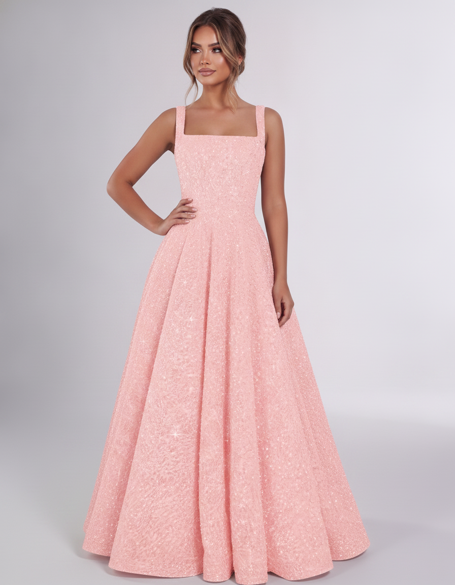 Blush Sequin Sleeveless Square Neck A-Line Maxi Dress | Ramblion | SKU: CMD-847362915408731-BLUSH-L,CMD-847362915408731-BLUSH-M,CMD-847362915408731-BLUSH-S,CMD-847362915408731-BLUSH-XL,CMD-847362915408731-BLUSH-XS