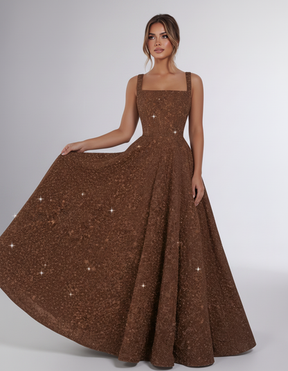 Brown Sequin Sleeveless Square Neck A-Line Maxi Dress | Ramblion | SKU: CMD-847362915408731-BROWN-L,CMD-847362915408731-BROWN-M,CMD-847362915408731-BROWN-S,CMD-847362915408731-BROWN-XL,CMD-847362915408731-BROWN-XS