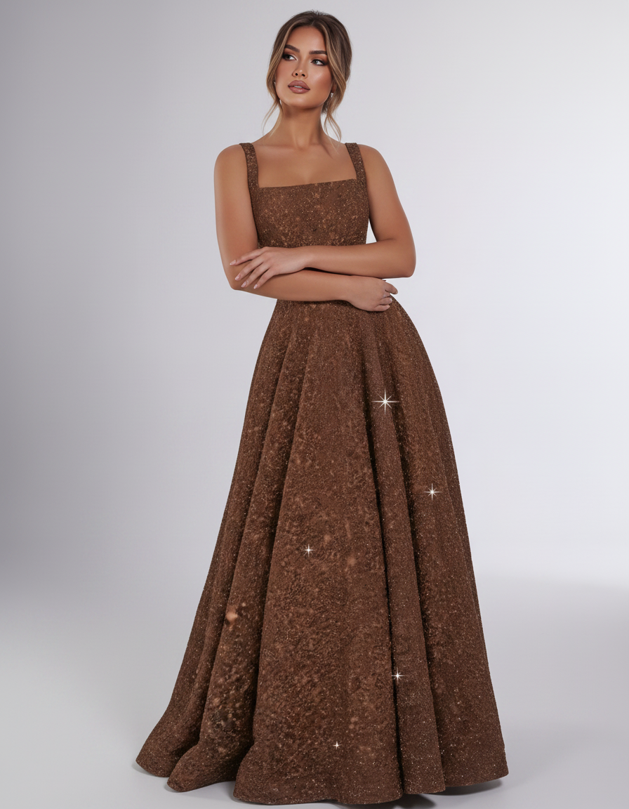 Brown Sequin Sleeveless Square Neck A-Line Maxi Dress | Ramblion | SKU: CMD-847362915408731-BROWN-L,CMD-847362915408731-BROWN-M,CMD-847362915408731-BROWN-S,CMD-847362915408731-BROWN-XL,CMD-847362915408731-BROWN-XS
