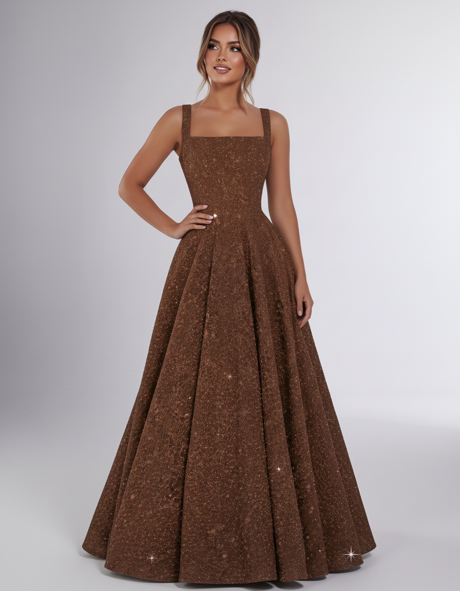 Brown Sequin Sleeveless Square Neck A-Line Maxi Dress | Ramblion | SKU: CMD-847362915408731-BROWN-L,CMD-847362915408731-BROWN-M,CMD-847362915408731-BROWN-S,CMD-847362915408731-BROWN-XL,CMD-847362915408731-BROWN-XS