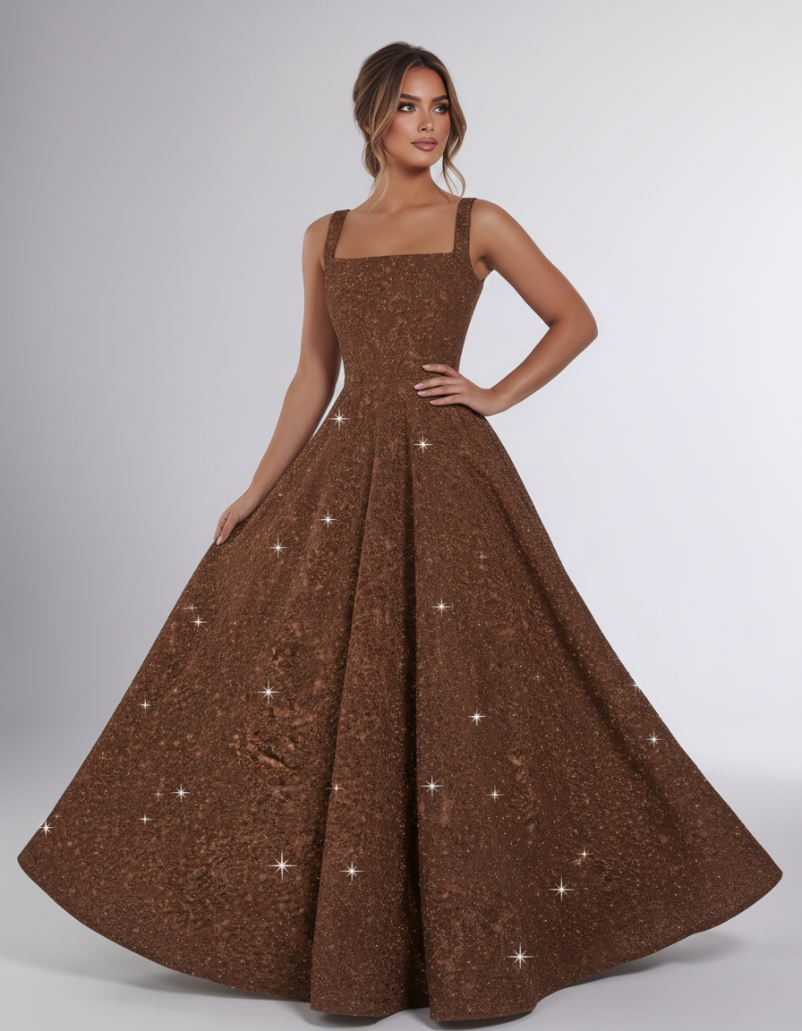 Brown Sequin Sleeveless Square Neck A-Line Maxi Dress | Ramblion | SKU: CMD-847362915408731-BROWN-L,CMD-847362915408731-BROWN-M,CMD-847362915408731-BROWN-S,CMD-847362915408731-BROWN-XL,CMD-847362915408731-BROWN-XS