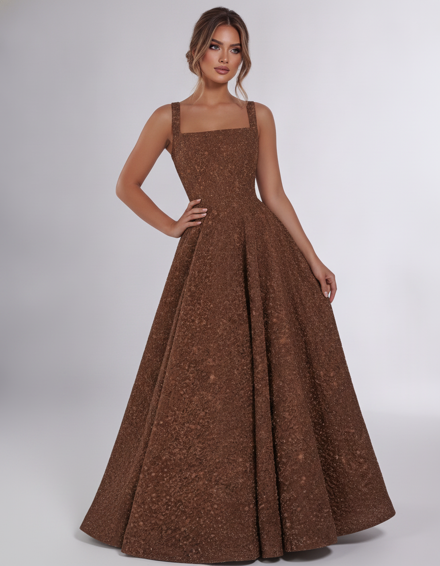 Brown Sequin Sleeveless Square Neck A-Line Maxi Dress | Ramblion | SKU: CMD-847362915408731-BROWN-L,CMD-847362915408731-BROWN-M,CMD-847362915408731-BROWN-S,CMD-847362915408731-BROWN-XL,CMD-847362915408731-BROWN-XS