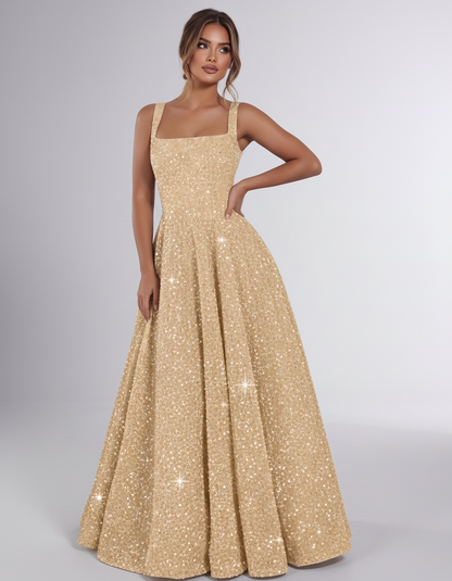 Gold Sequin Sleeveless Square Neck A-Line Maxi Dress | Ramblion | SKU: CMD-847362915408731-GOLD-L,CMD-847362915408731-GOLD-M,CMD-847362915408731-GOLD-S,CMD-847362915408731-GOLD-XL,CMD-847362915408731-GOLD-XS
