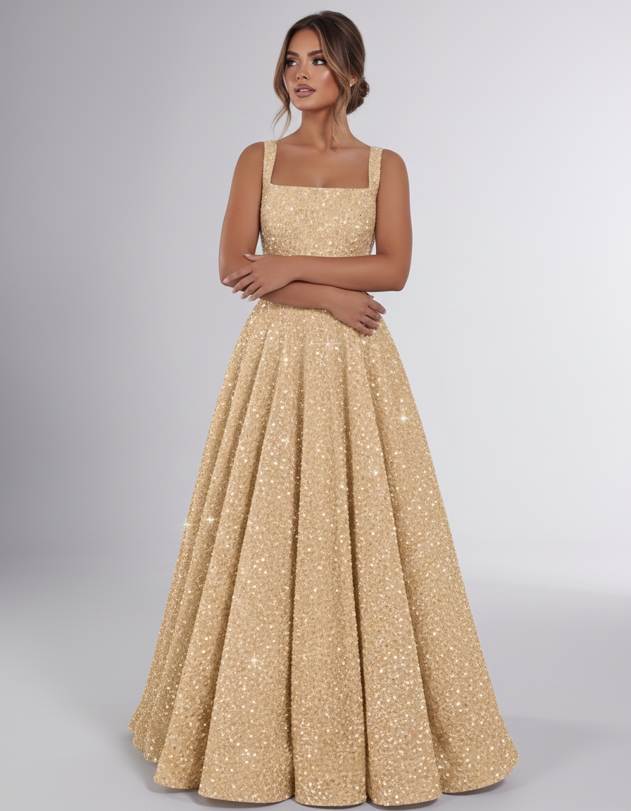 Gold Sequin Sleeveless Square Neck A-Line Maxi Dress | Ramblion | SKU: CMD-847362915408731-GOLD-L,CMD-847362915408731-GOLD-M,CMD-847362915408731-GOLD-S,CMD-847362915408731-GOLD-XL,CMD-847362915408731-GOLD-XS