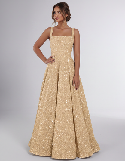 Gold Sequin Sleeveless Square Neck A-Line Maxi Dress | Ramblion | SKU: CMD-847362915408731-GOLD-L,CMD-847362915408731-GOLD-M,CMD-847362915408731-GOLD-S,CMD-847362915408731-GOLD-XL,CMD-847362915408731-GOLD-XS