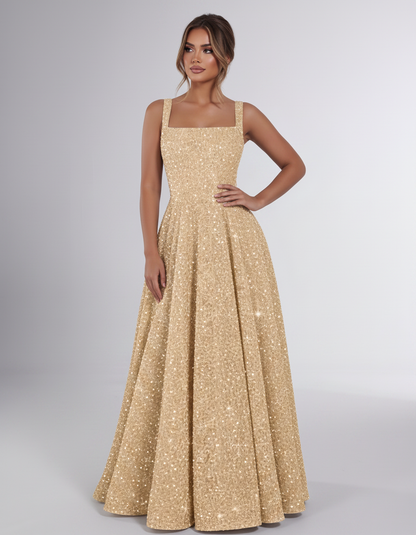Gold Sequin Sleeveless Square Neck A-Line Maxi Dress | Ramblion | SKU: CMD-847362915408731-GOLD-L,CMD-847362915408731-GOLD-M,CMD-847362915408731-GOLD-S,CMD-847362915408731-GOLD-XL,CMD-847362915408731-GOLD-XS
