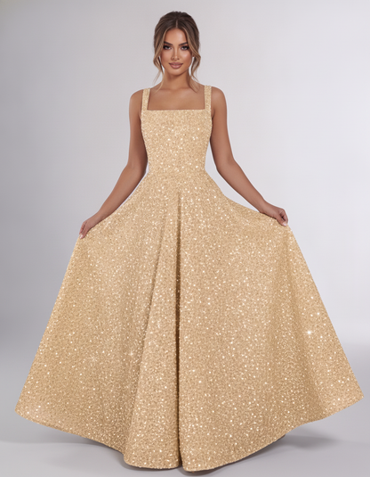Gold Sequin Sleeveless Square Neck A-Line Maxi Dress | Ramblion | SKU: CMD-847362915408731-GOLD-L,CMD-847362915408731-GOLD-M,CMD-847362915408731-GOLD-S,CMD-847362915408731-GOLD-XL,CMD-847362915408731-GOLD-XS