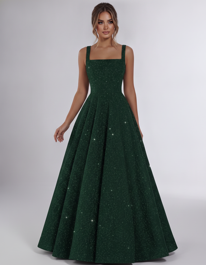 Green Sequin Sleeveless Square Neck A-Line Maxi Dress | Ramblion | SKU: CMD-847362915408731-GREEN-L,CMD-847362915408731-GREEN-M,CMD-847362915408731-GREEN-S,CMD-847362915408731-GREEN-XL,CMD-847362915408731-GREEN-XS