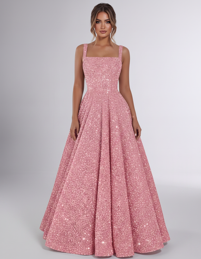 Dusty rose Sequin Sleeveless Square Neck A-Line Maxi Dress | Ramblion | SKU: CMD-847362915408731-DUSTYROSE-L,CMD-847362915408731-DUSTYROSE-M,CMD-847362915408731-DUSTYROSE-S,CMD-847362915408731-DUSTYROSE-XL,CMD-847362915408731-DUSTYROSE-XS