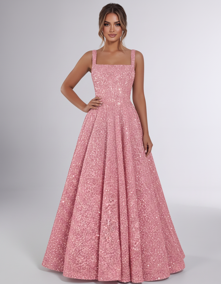 Dusty rose Sequin Sleeveless Square Neck A-Line Maxi Dress | Ramblion | SKU: CMD-847362915408731-DUSTYROSE-L,CMD-847362915408731-DUSTYROSE-M,CMD-847362915408731-DUSTYROSE-S,CMD-847362915408731-DUSTYROSE-XL,CMD-847362915408731-DUSTYROSE-XS