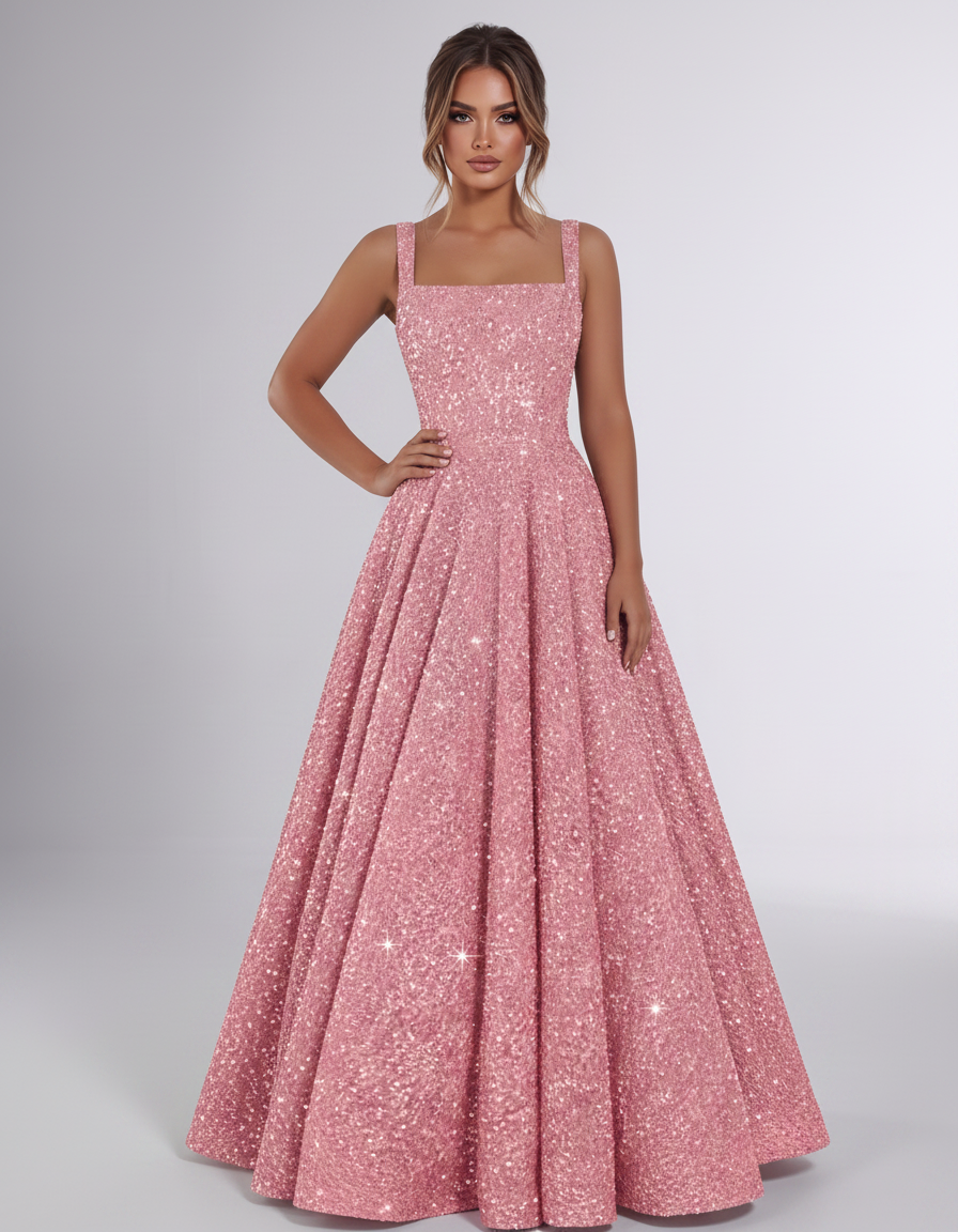 Dusty rose Sequin Sleeveless Square Neck A-Line Maxi Dress | Ramblion | SKU: CMD-847362915408731-DUSTYROSE-L,CMD-847362915408731-DUSTYROSE-M,CMD-847362915408731-DUSTYROSE-S,CMD-847362915408731-DUSTYROSE-XL,CMD-847362915408731-DUSTYROSE-XS