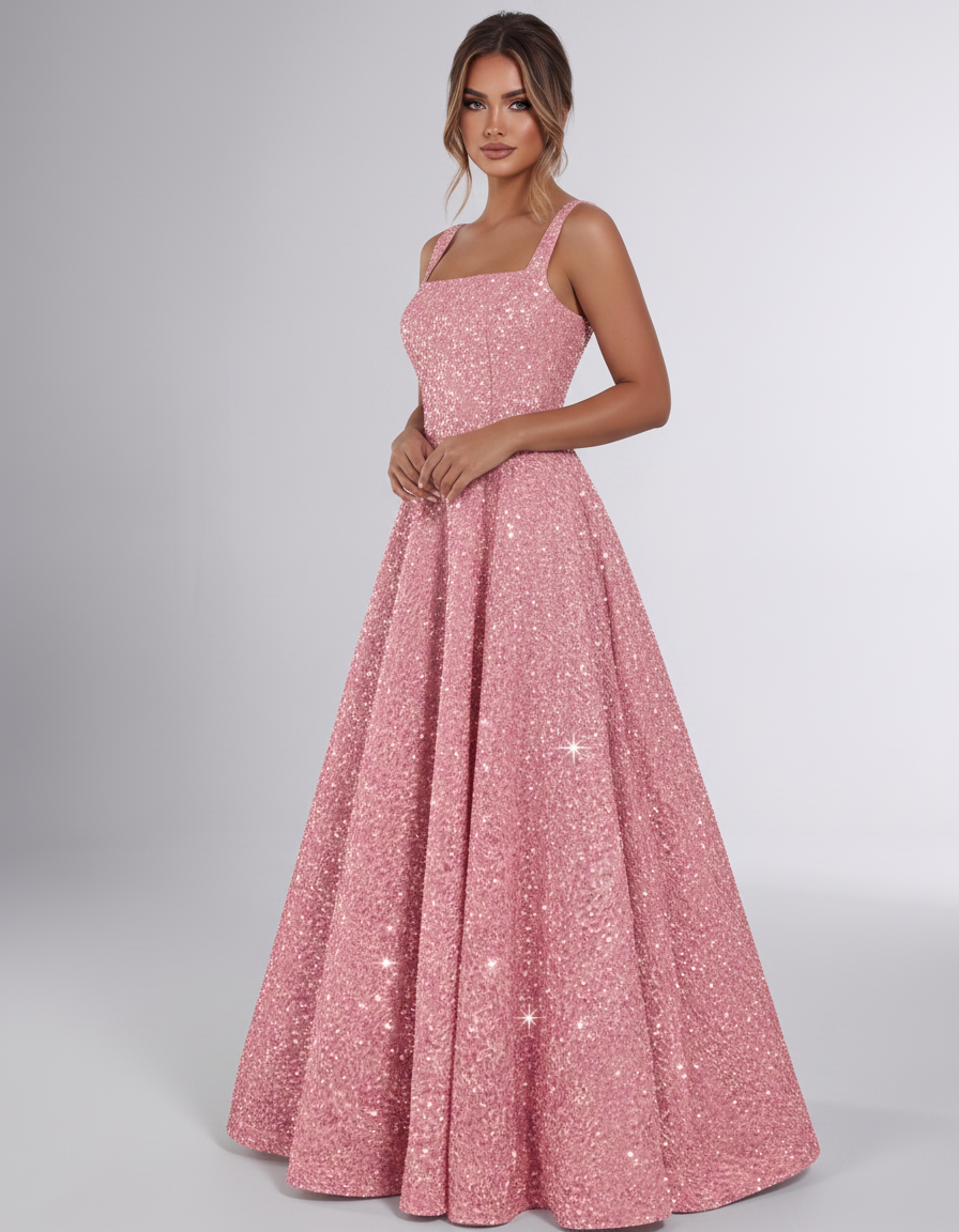 Dusty rose Sequin Sleeveless Square Neck A-Line Maxi Dress | Ramblion | SKU: CMD-847362915408731-DUSTYROSE-L,CMD-847362915408731-DUSTYROSE-M,CMD-847362915408731-DUSTYROSE-S,CMD-847362915408731-DUSTYROSE-XL,CMD-847362915408731-DUSTYROSE-XS