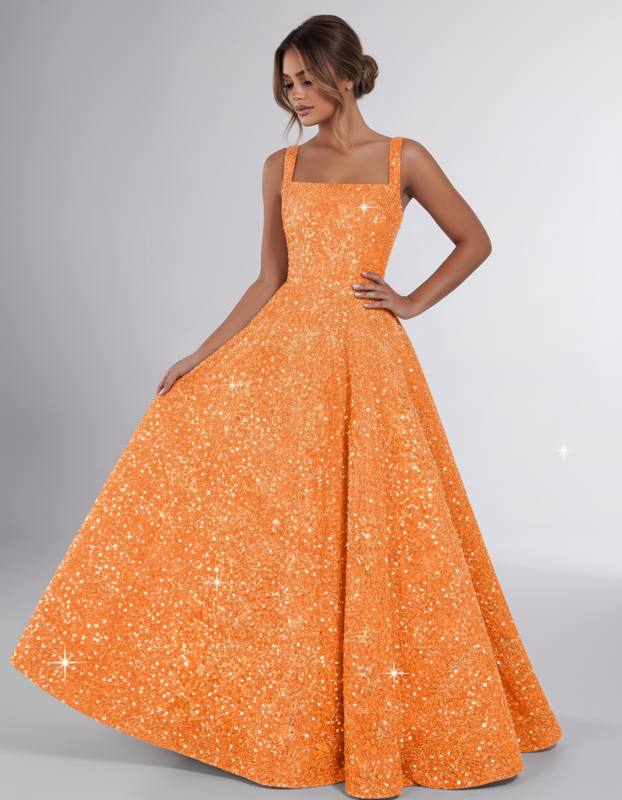 Orange Sequin Sleeveless Square Neck A-Line Maxi Dress | Ramblion | SKU: CMD-847362915408731-ORANGE-L,CMD-847362915408731-ORANGE-M,CMD-847362915408731-ORANGE-S,CMD-847362915408731-ORANGE-XL,CMD-847362915408731-ORANGE-XS