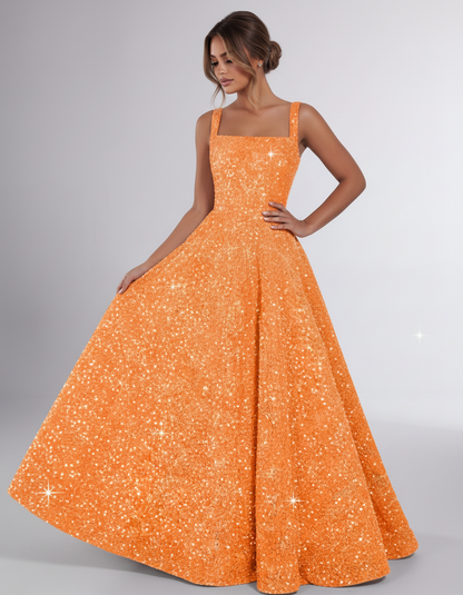 Orange Sequin Sleeveless Square Neck A-Line Maxi Dress | Ramblion | SKU: CMD-847362915408731-ORANGE-L,CMD-847362915408731-ORANGE-M,CMD-847362915408731-ORANGE-S,CMD-847362915408731-ORANGE-XL,CMD-847362915408731-ORANGE-XS
