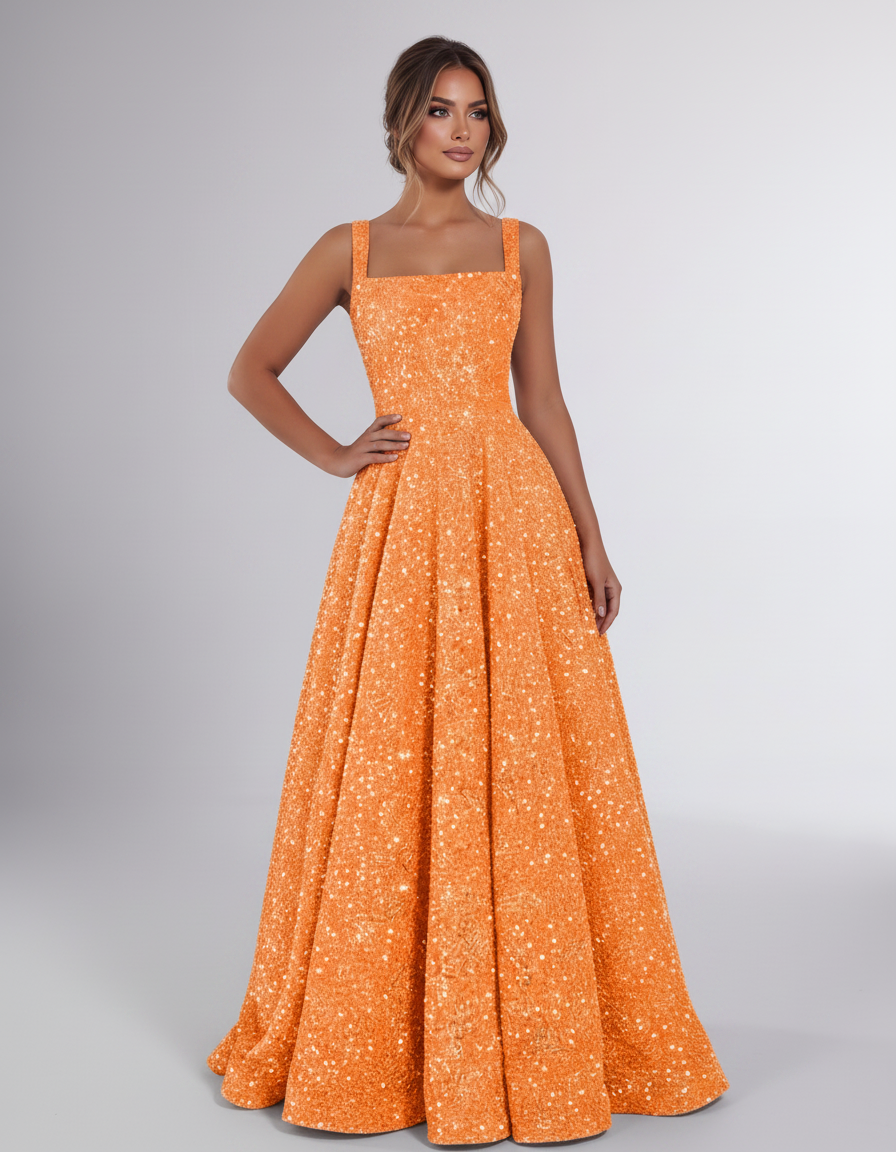 Orange Sequin Sleeveless Square Neck A-Line Maxi Dress | Ramblion | SKU: CMD-847362915408731-ORANGE-L,CMD-847362915408731-ORANGE-M,CMD-847362915408731-ORANGE-S,CMD-847362915408731-ORANGE-XL,CMD-847362915408731-ORANGE-XS