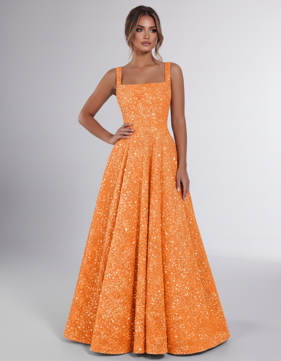 Orange Sequin Sleeveless Square Neck A-Line Maxi Dress | Ramblion | SKU: CMD-847362915408731-ORANGE-L,CMD-847362915408731-ORANGE-M,CMD-847362915408731-ORANGE-S,CMD-847362915408731-ORANGE-XL,CMD-847362915408731-ORANGE-XS