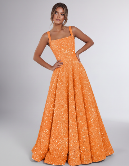 Orange Sequin Sleeveless Square Neck A-Line Maxi Dress | Ramblion | SKU: CMD-847362915408731-ORANGE-L,CMD-847362915408731-ORANGE-M,CMD-847362915408731-ORANGE-S,CMD-847362915408731-ORANGE-XL,CMD-847362915408731-ORANGE-XS