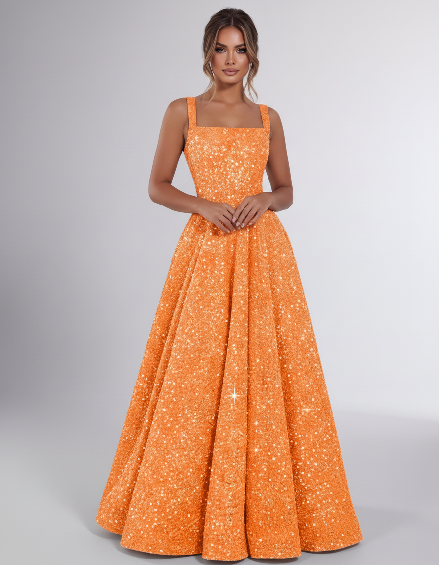 Orange Sequin Sleeveless Square Neck A-Line Maxi Dress | Ramblion | SKU: CMD-847362915408731-ORANGE-L,CMD-847362915408731-ORANGE-M,CMD-847362915408731-ORANGE-S,CMD-847362915408731-ORANGE-XL,CMD-847362915408731-ORANGE-XS