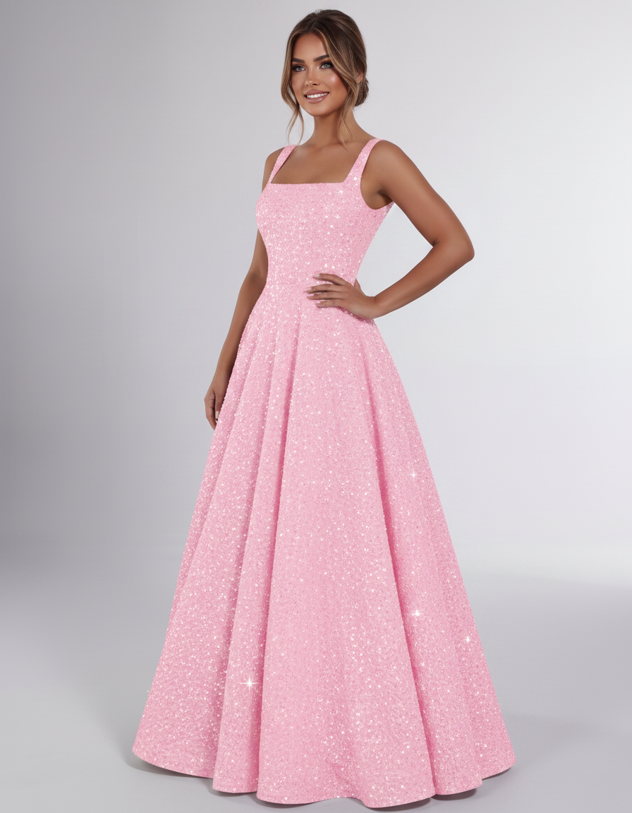 Pink Sequin Sleeveless Square Neck A-Line Maxi Dress | Ramblion | SKU: CMD-847362915408731-PINK-L,CMD-847362915408731-PINK-M,CMD-847362915408731-PINK-S,CMD-847362915408731-PINK-XL,CMD-847362915408731-PINK-XS