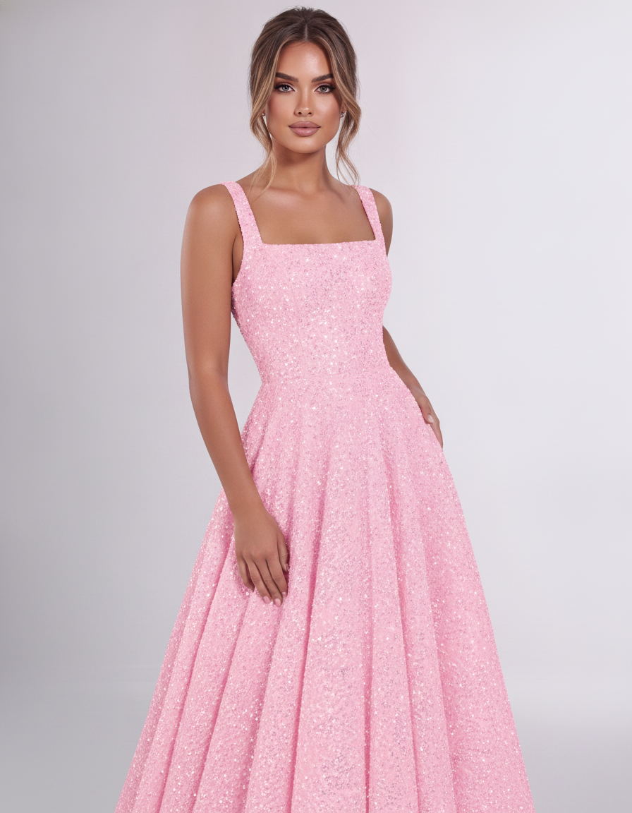 Pink Sequin Sleeveless Square Neck A-Line Maxi Dress | Ramblion | SKU: CMD-847362915408731-PINK-L,CMD-847362915408731-PINK-M,CMD-847362915408731-PINK-S,CMD-847362915408731-PINK-XL,CMD-847362915408731-PINK-XS