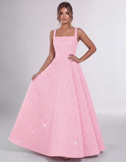 Pink Sequin Sleeveless Square Neck A-Line Maxi Dress | Ramblion | SKU: CMD-847362915408731-PINK-L,CMD-847362915408731-PINK-M,CMD-847362915408731-PINK-S,CMD-847362915408731-PINK-XL,CMD-847362915408731-PINK-XS