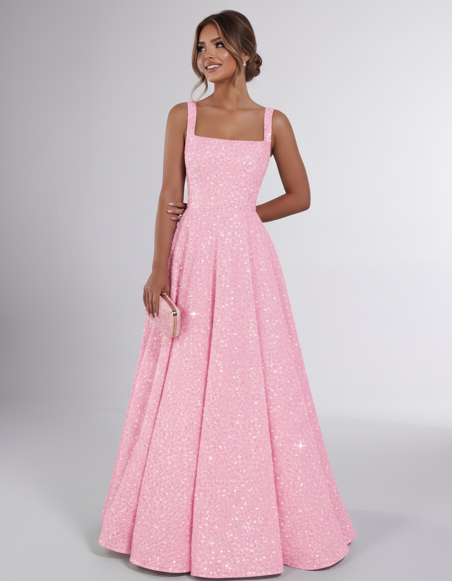 Pink Sequin Sleeveless Square Neck A-Line Maxi Dress | Ramblion | SKU: CMD-847362915408731-PINK-L,CMD-847362915408731-PINK-M,CMD-847362915408731-PINK-S,CMD-847362915408731-PINK-XL,CMD-847362915408731-PINK-XS