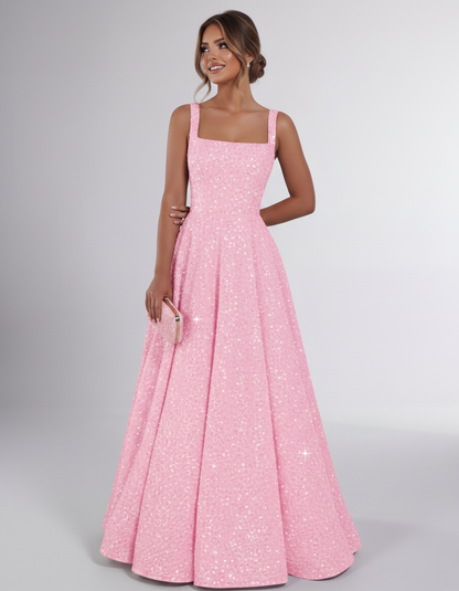 Pink Sequin Sleeveless Square Neck A-Line Maxi Dress | Ramblion | SKU: CMD-847362915408731-PINK-L,CMD-847362915408731-PINK-M,CMD-847362915408731-PINK-S,CMD-847362915408731-PINK-XL,CMD-847362915408731-PINK-XS