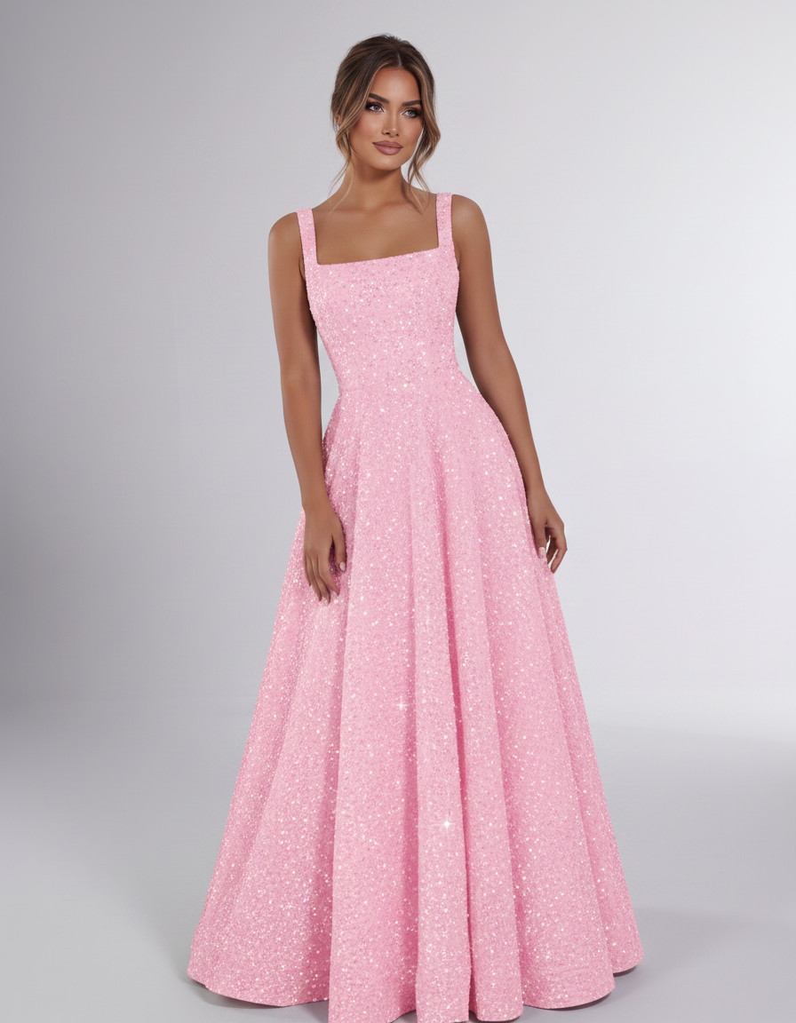 Pink Sequin Sleeveless Square Neck A-Line Maxi Dress | Ramblion | SKU: CMD-847362915408731-PINK-L,CMD-847362915408731-PINK-M,CMD-847362915408731-PINK-S,CMD-847362915408731-PINK-XL,CMD-847362915408731-PINK-XS