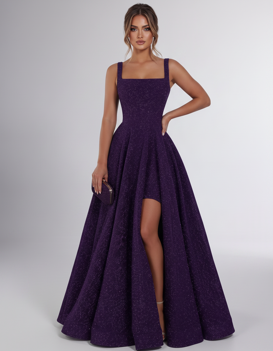 Purple Sequin Sleeveless Square Neck A-Line Maxi Dress | Ramblion | SKU: CMD-847362915408731-PURPLE-L,CMD-847362915408731-PURPLE-M,CMD-847362915408731-PURPLE-S,CMD-847362915408731-PURPLE-XL,CMD-847362915408731-PURPLE-XS