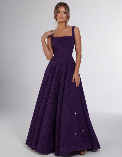 Purple Sequin Sleeveless Square Neck A-Line Maxi Dress | Ramblion | SKU: CMD-847362915408731-PURPLE-L,CMD-847362915408731-PURPLE-M,CMD-847362915408731-PURPLE-S,CMD-847362915408731-PURPLE-XL,CMD-847362915408731-PURPLE-XS