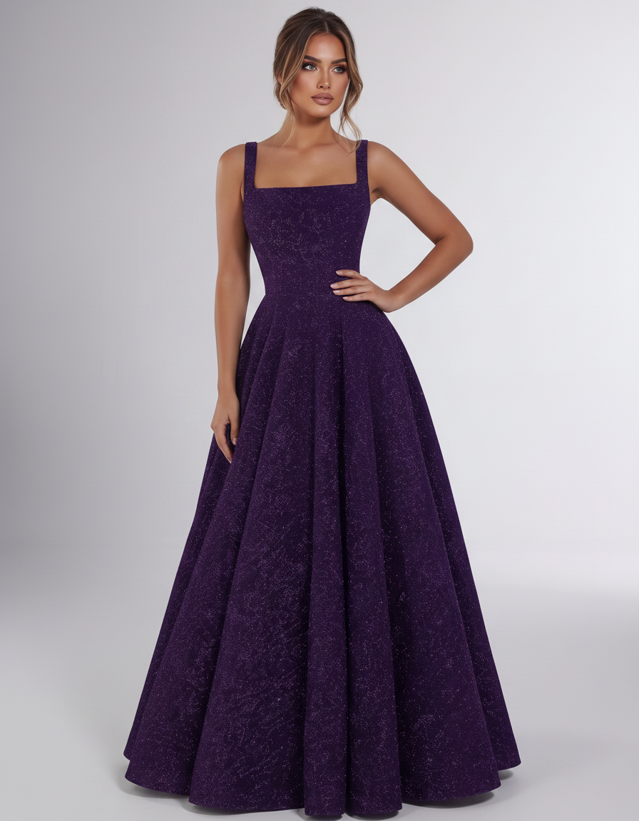 Purple Sequin Sleeveless Square Neck A-Line Maxi Dress | Ramblion | SKU: CMD-847362915408731-PURPLE-L,CMD-847362915408731-PURPLE-M,CMD-847362915408731-PURPLE-S,CMD-847362915408731-PURPLE-XL,CMD-847362915408731-PURPLE-XS