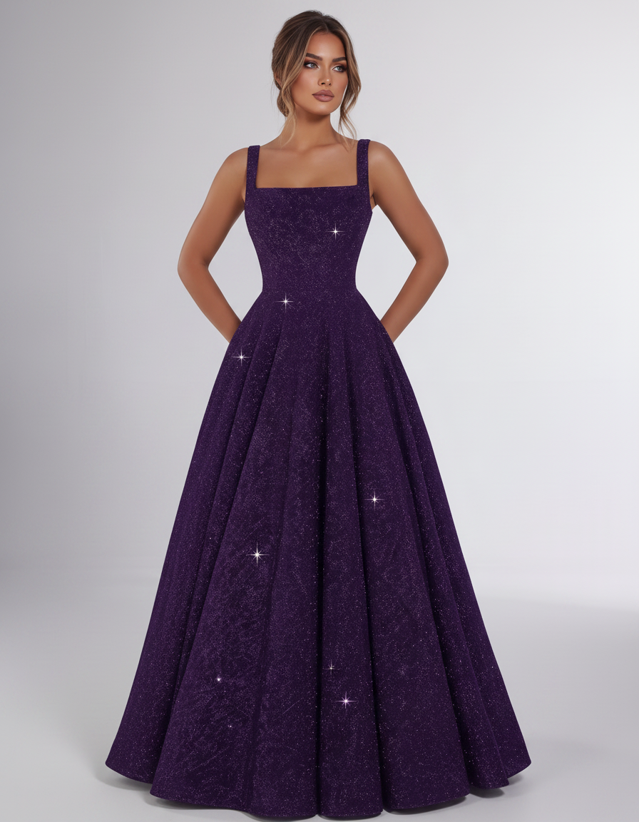Purple Sequin Sleeveless Square Neck A-Line Maxi Dress | Ramblion | SKU: CMD-847362915408731-PURPLE-L,CMD-847362915408731-PURPLE-M,CMD-847362915408731-PURPLE-S,CMD-847362915408731-PURPLE-XL,CMD-847362915408731-PURPLE-XS