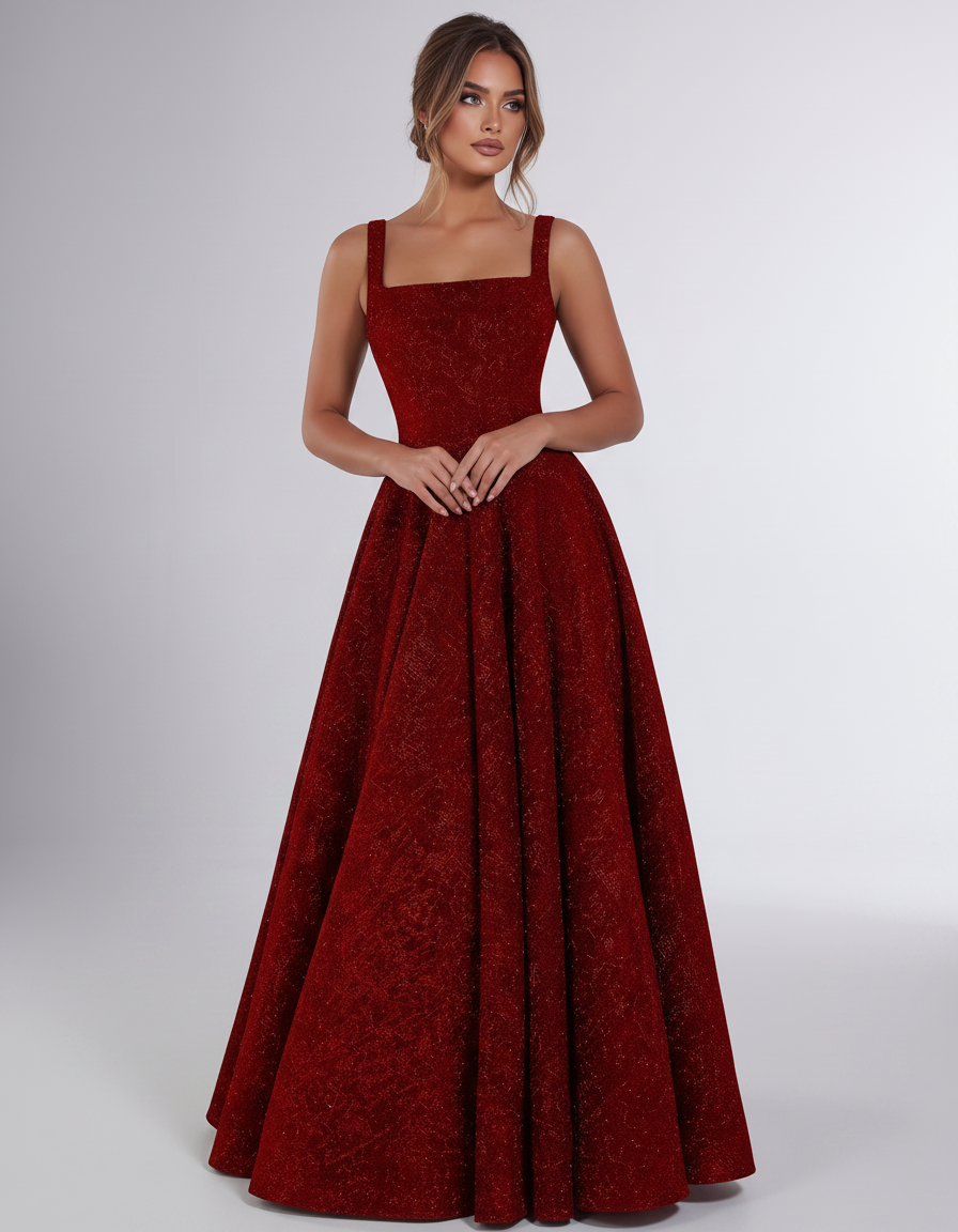 Red Sequin Sleeveless Square Neck A-Line Maxi Dress | Ramblion | SKU: CMD-847362915408731-RED-L,CMD-847362915408731-RED-M,CMD-847362915408731-RED-S,CMD-847362915408731-RED-XL,CMD-847362915408731-RED-XS