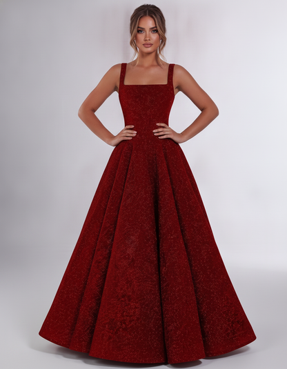 Red Sequin Sleeveless Square Neck A-Line Maxi Dress | Ramblion | SKU: CMD-847362915408731-RED-L,CMD-847362915408731-RED-M,CMD-847362915408731-RED-S,CMD-847362915408731-RED-XL,CMD-847362915408731-RED-XS