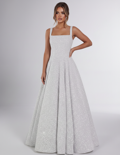 Silver Sequin Sleeveless Square Neck A-Line Maxi Dress | Ramblion | SKU: CMD-847362915408731-SILVER-L,CMD-847362915408731-SILVER-M,CMD-847362915408731-SILVER-S,CMD-847362915408731-SILVER-XL,CMD-847362915408731-SILVER-XS